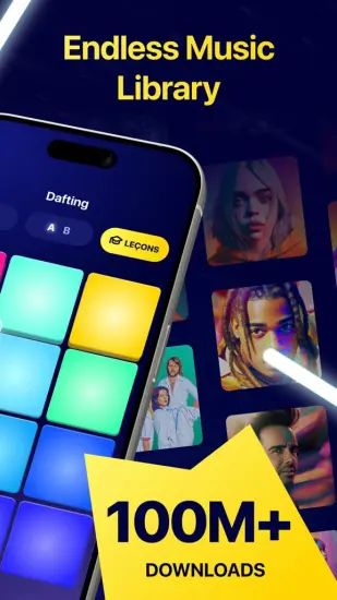 Beat Maker Pro app highlighting its drum pad, endless music library, and over 100 million downloads.