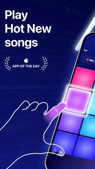 Beat Maker Pro app showcasing its drum pad to play hot new songs, with an Apple App of the Day award.