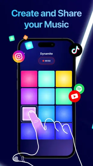 Creating and sharing music on the Beat Maker Pro app using its colorful drum pad interface.
