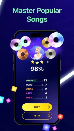 Beat Maker Pro gameplay score screen showing a 98 percent rating after completing a popular song.