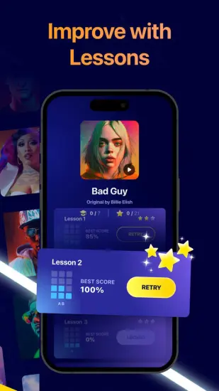 The lessons feature in the Beat Maker Pro app, showing a user's scores and progression on a song.