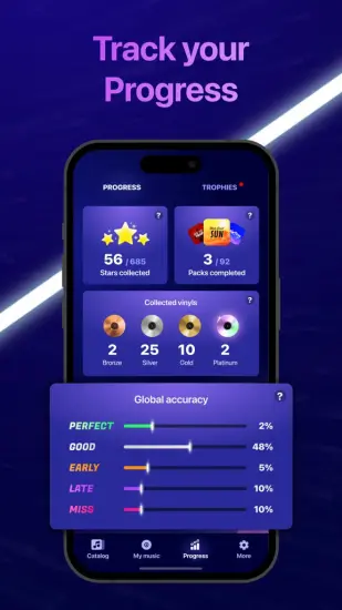 The progress screen in the Beat Maker Pro app, displaying user stats for collected stars, completed packs, and playing accuracy.