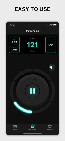 Screenshot of the Metronome Pro app highlighting its easy-to-use interface with a tempo of 121 BPM.