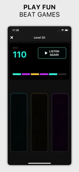 Metronome Pro's rhythm game feature, showing level 20 with a 110 BPM challenge.