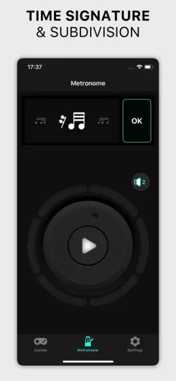 Metronome screen showcasing time signature and subdivision settings.