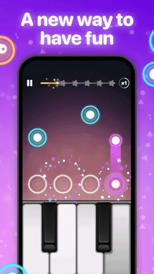 Gameplay of the Piano Pop music game showing neon tiles falling onto a piano keyboard, with the slogan 'A new way to have fun'.