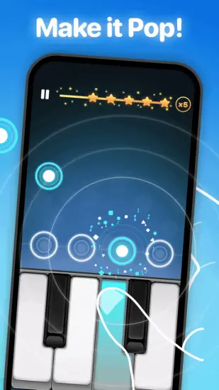 The Piano Pop game showing its tile tapping gameplay and the slogan Make it Pop.