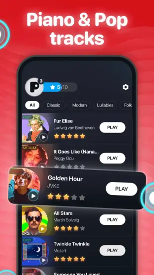 The Piano Pop app music library showing a diverse list of classic and pop tracks available to play.