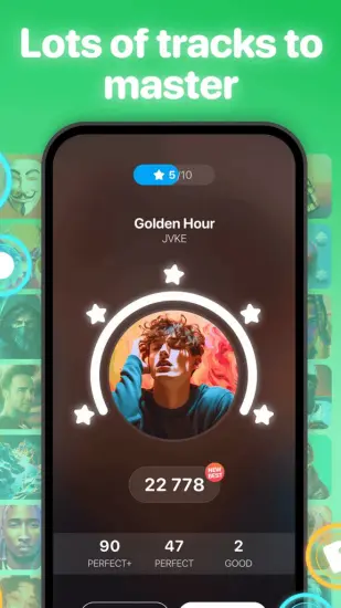 Piano Pop game screen showing the results after playing a song, highlighting the large music library available to master.