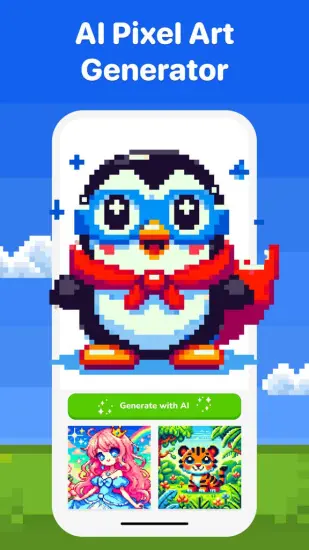 The AI Pixel Art Generator feature of the Pixel Color app, showing a generated pixel art penguin.