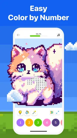 Gameplay screen of a color-by-number app showing a user painting a cute pixel art cat.