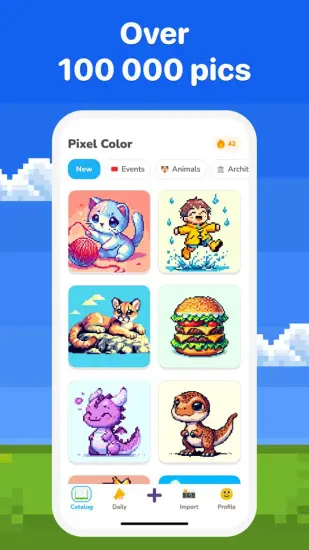 The Pixel Color app showcasing its extensive catalog of pixel art images ready for coloring.
