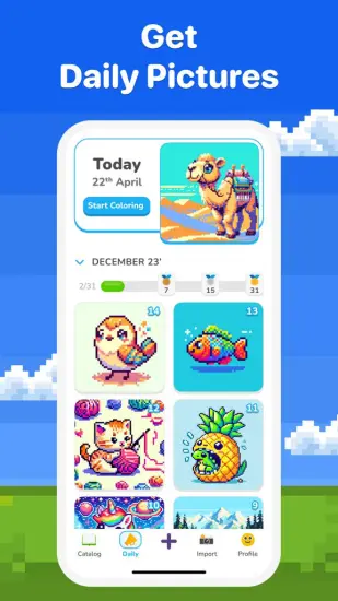 The daily pictures screen of the Pixel Color app, showing a gallery of pixel art images to color by number.