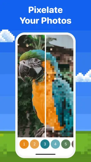 The photo pixelation feature in the Pixel Color app, showing a parrot's photo being transformed into pixel art.