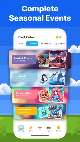 The seasonal events screen in the Pixel Color app, showcasing various themed pixel art coloring challenges with countdown timers.
