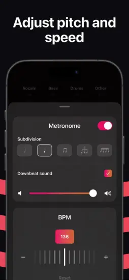 Stemz app feature for adjusting pitch and speed, showing metronome and BPM controls.