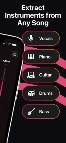 The Stemz app's feature to extract instruments from a song, with options to isolate vocals, piano, guitar, drums, and bass.
