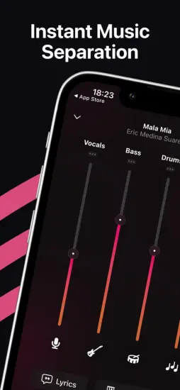 The Stemz app interface demonstrating its instant music separation feature with sliders to control the volume of vocals, bass, and drums.