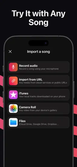 Stemz app screen showing multiple options to import a song for editing, including from files, URL, and camera roll.