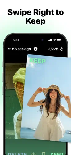 Demonstration of swiping right to keep a photo.