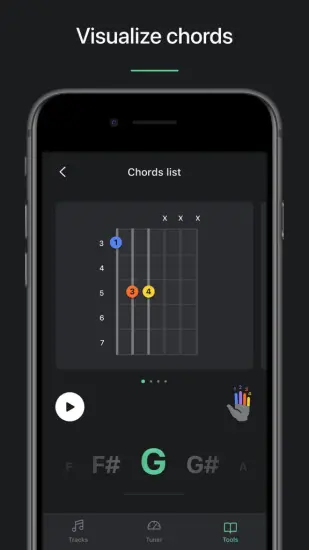 The chord library feature of the guitar tuner app, showing a diagram of how to play a G chord.