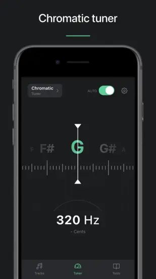 The chromatic tuner in the Tuner Pro app showing an instrument accurately tuned to the G note.