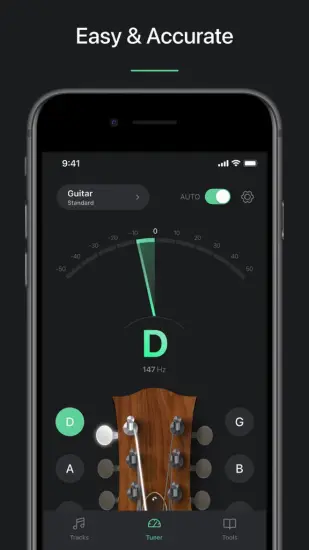 The accurate guitar tuner feature in the Tuner Pro app, showing the D string perfectly in tune.