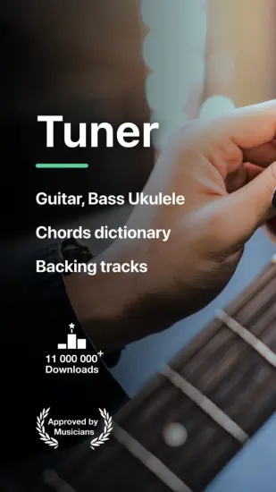 Tuner Pro app highlighting features like guitar and ukulele tuning, a chords dictionary, and backing tracks.