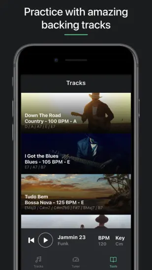 The Tuner Pro app's backing tracks screen, showing a list of songs in various genres for practice.