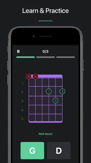 The learn and practice game in the Tuner Pro app showing a guitar chord diagram for G major.