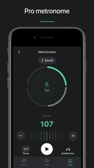 The pro metronome feature in the Tuner Pro app, showing a tempo of 107 BPM with controls for tap tempo, time signature, and subdivisions.